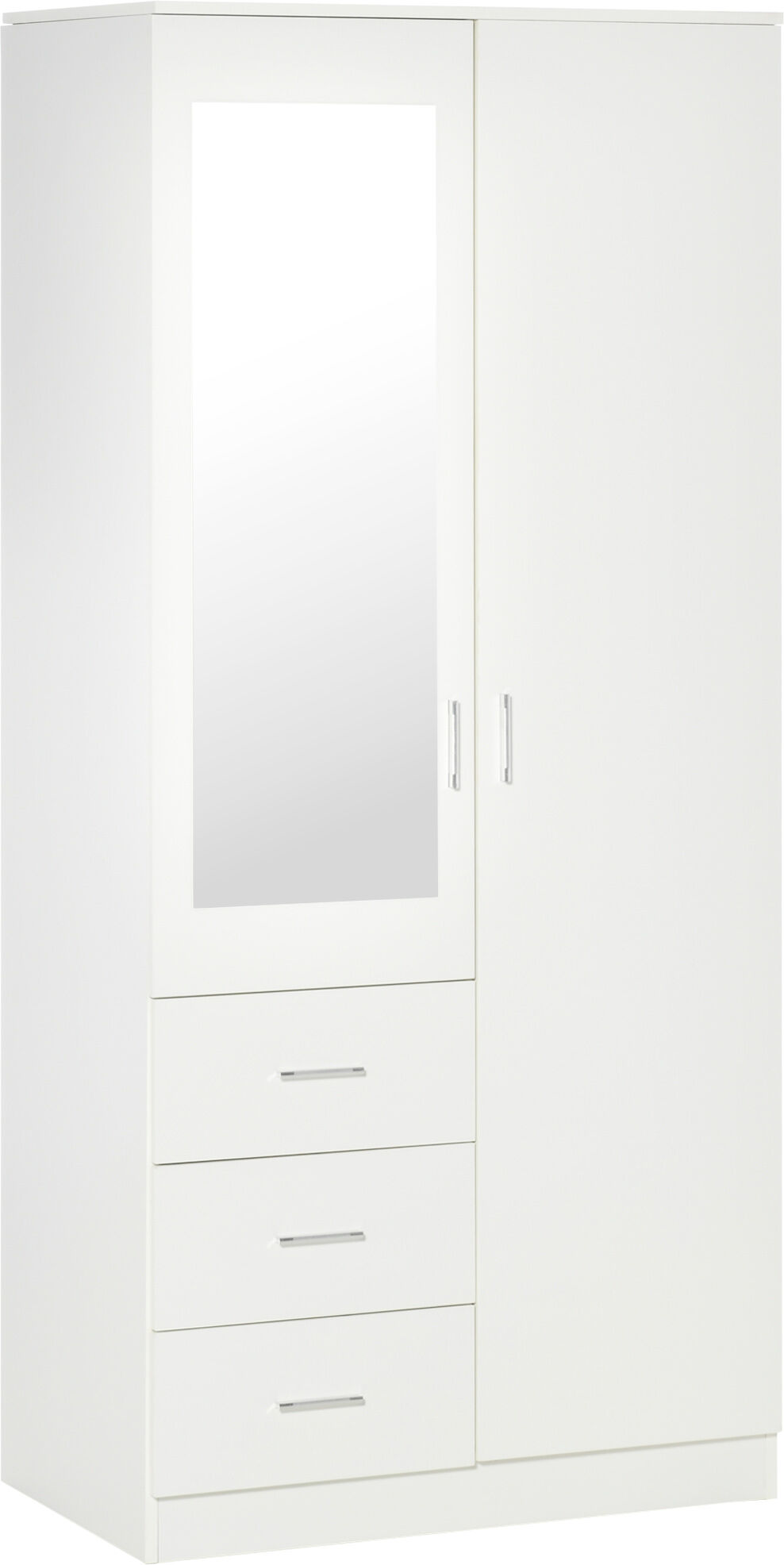 Homcom Armadio Moderno Guardaroba 2 Ante con Specchio e 3 Cassetti, Mensole Regolabili e Barra Appendiabiti, 80x50x180cm, Bianco