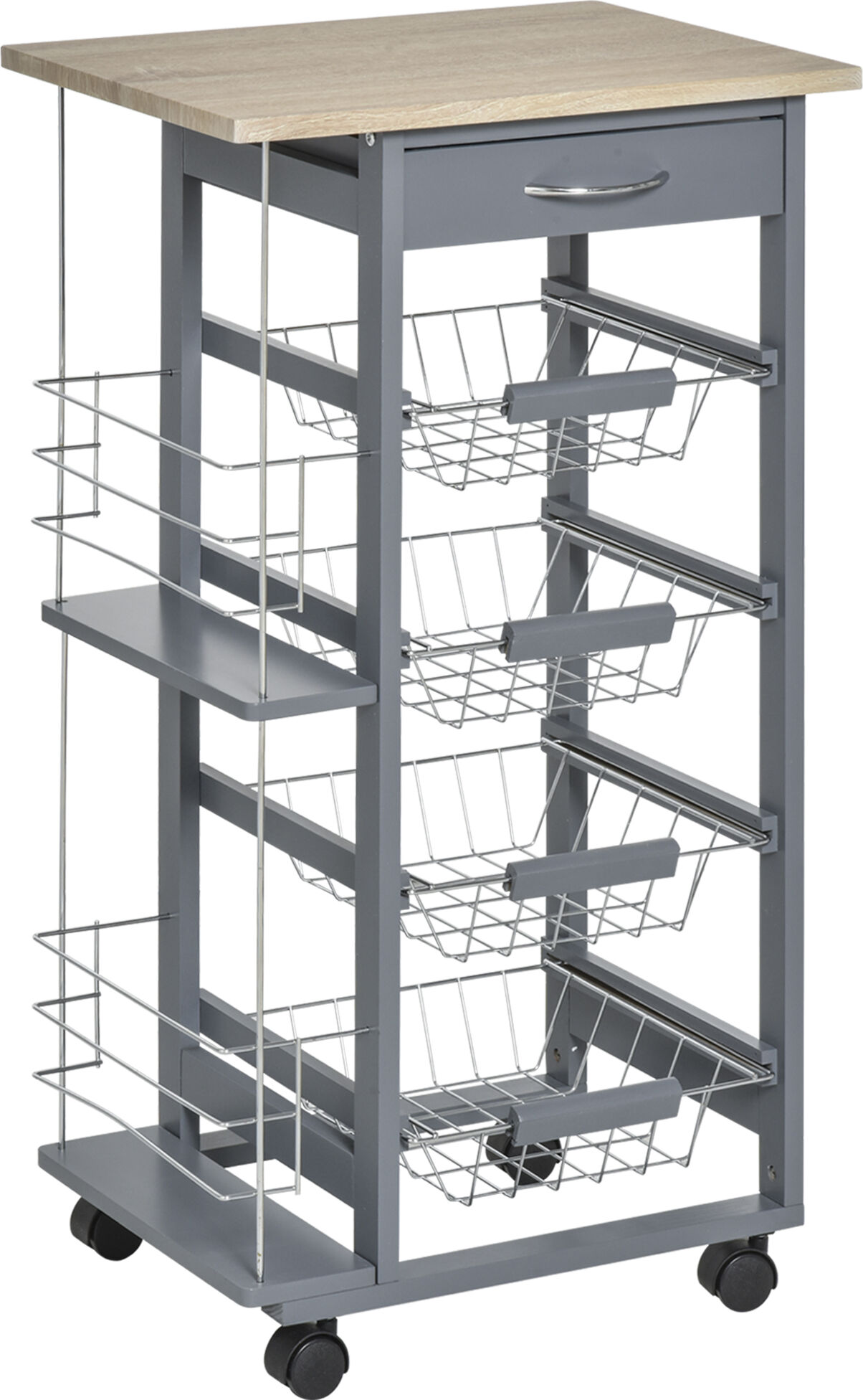 Homcom Carrello da Cucina Salvaspazio in Grigio Scuro, Portavivande con 1 Piano di Lavoro 1 Cassetto e 4 Cestelli Metallici, 47x37x83cm