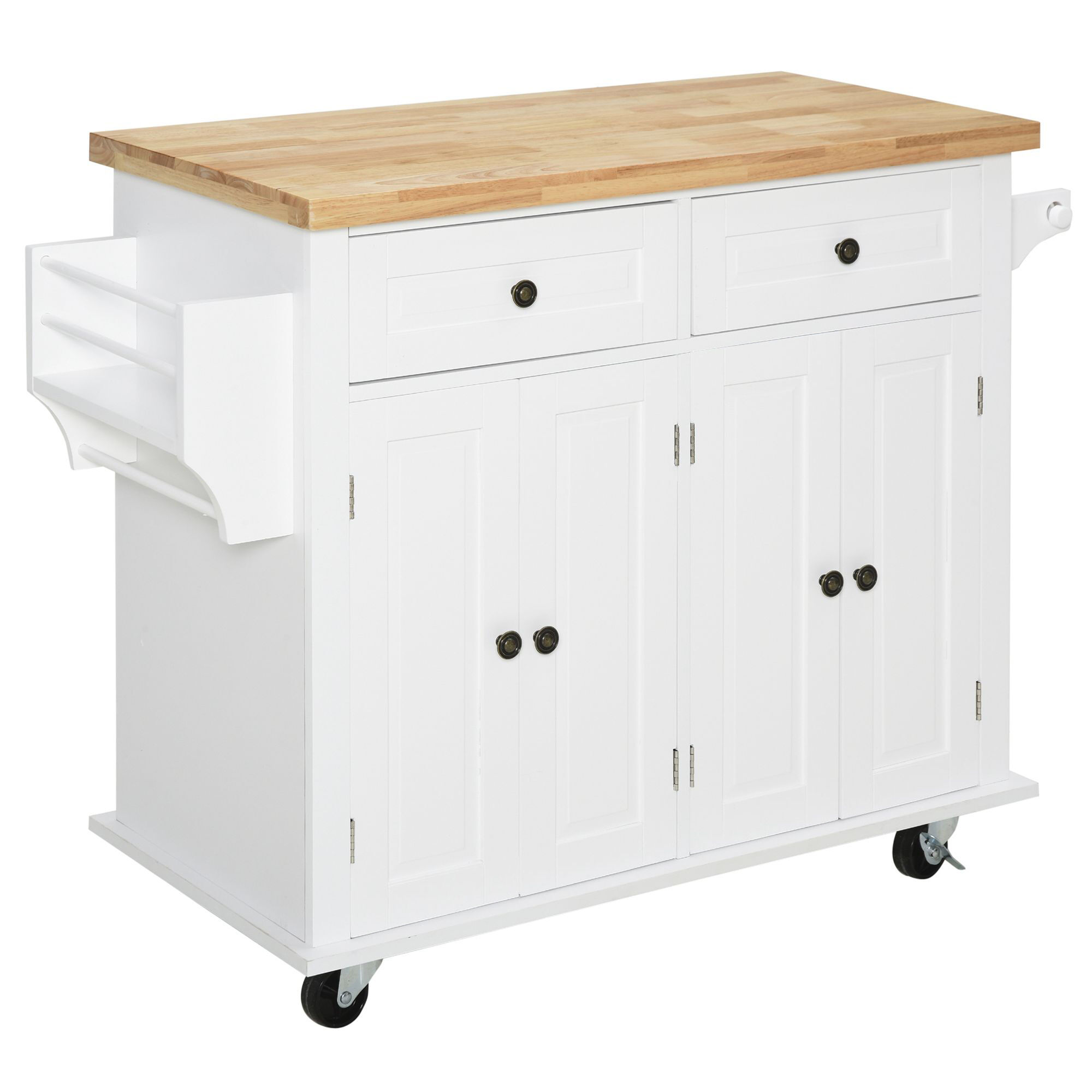 Homcom Carrello da Cucina in Legno Multifunzione Portavivande con Cassetti, Armadietti, Portaspezie e 4 Ruote,111x44.5x82.5cm, Bianco  Aosom.it