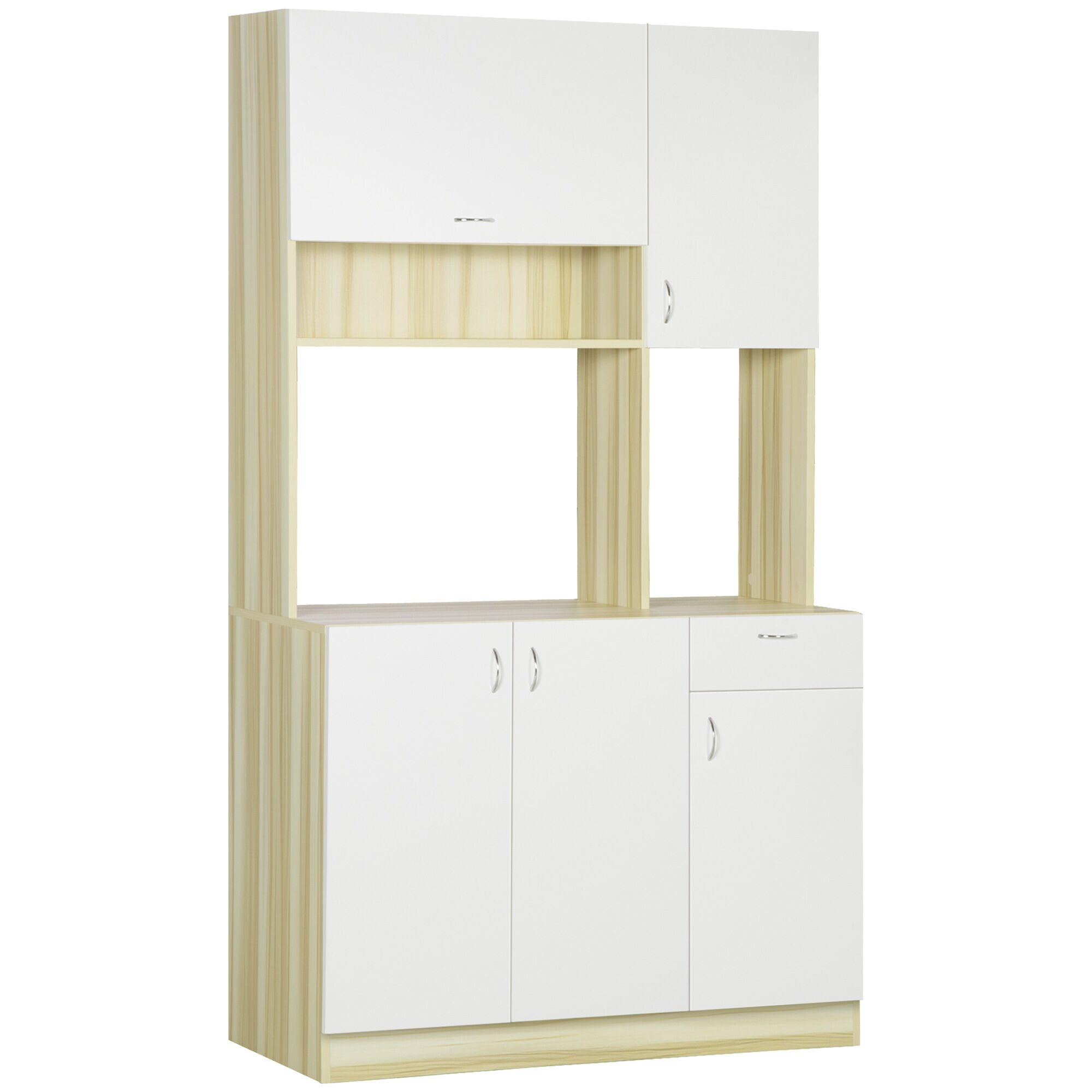 Homcom Mobile Buffet a 4 Porte per Cucina con 3 Armadietti, Cassetto, Pensile e Piano d'Appoggio in Truciolato, 102x48x180cm, Bianco e Color Legno