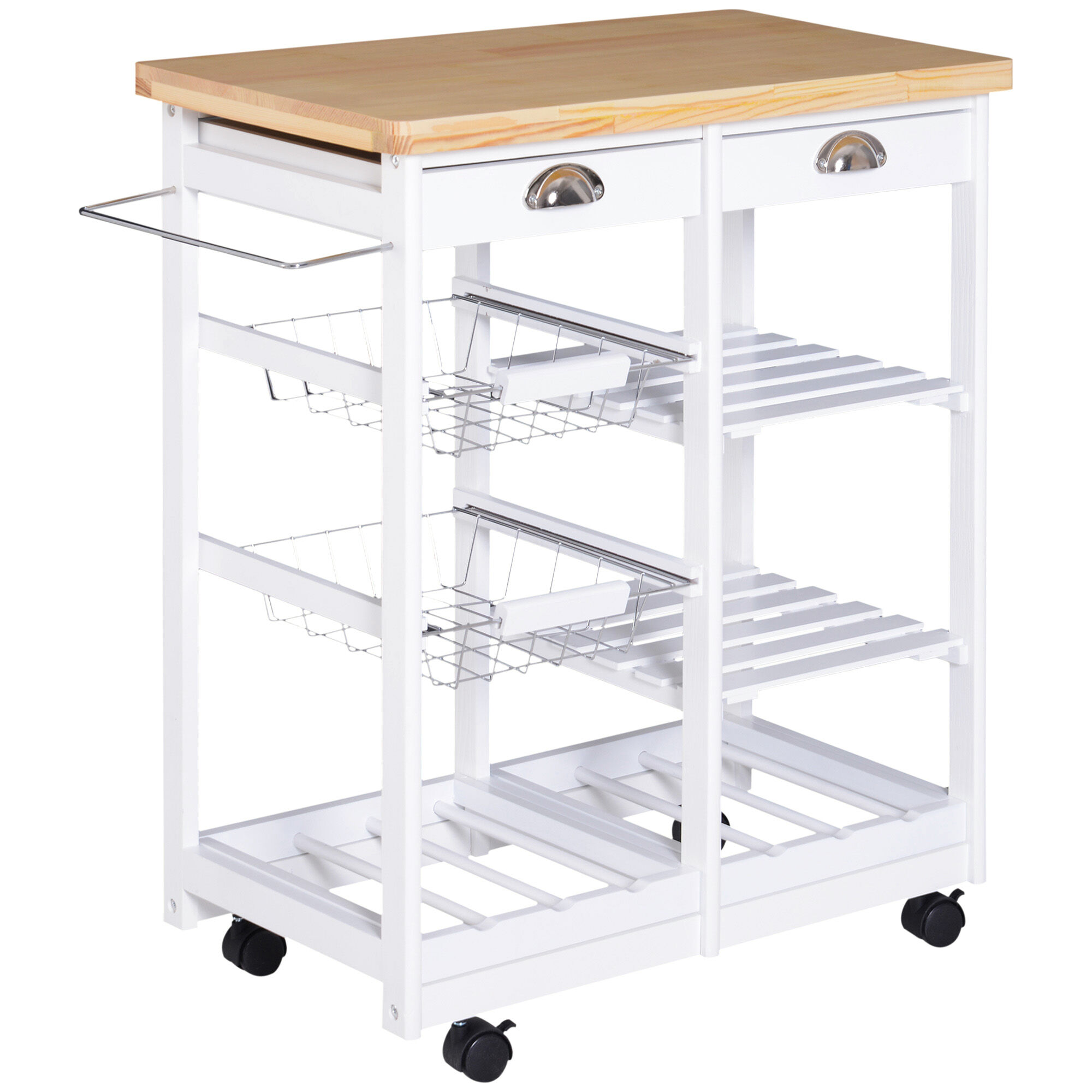 Homcom Carrello da Cucina con Ruote Cassetti e Portabottiglie Carrello Portabottiglie in Legno Bianco 74x37x76cm