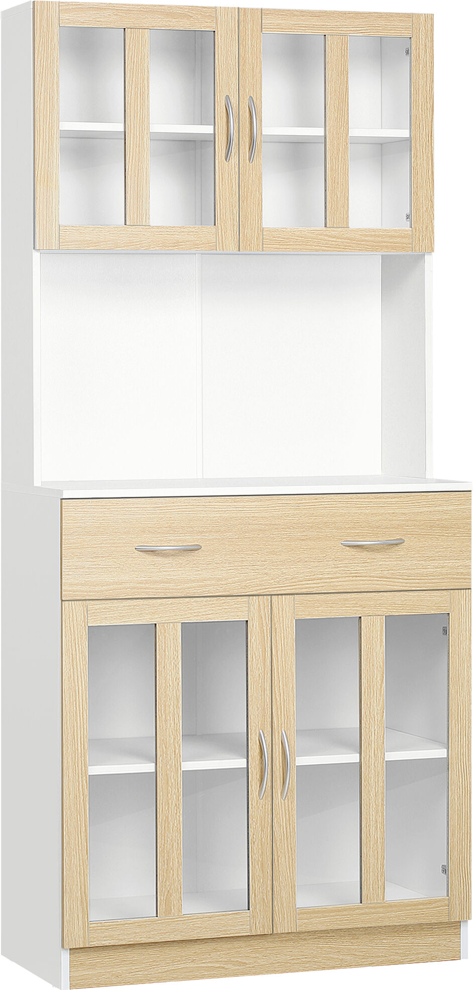 Homcom Credenza Cucina Armadio da 180cm con Ante in Vetro, Credenza Alta con Struttura in Legno, Cassetti e Armadietti, Bianco