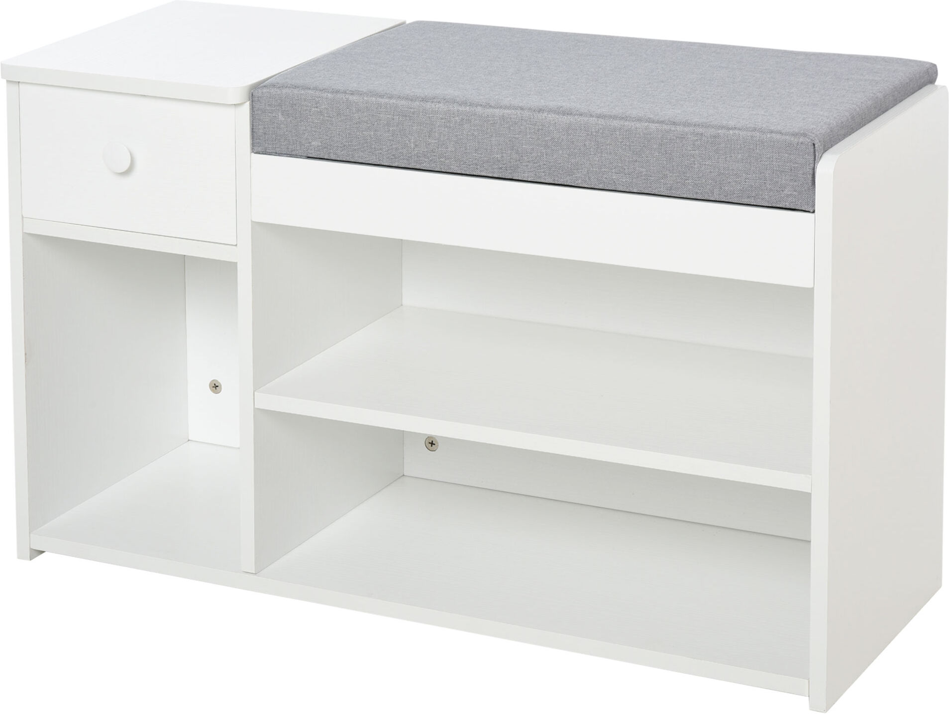 Homcom Panca Scarpiera con Cuscino, Cassetto e 3 Vani Aperti in Legno, 81x31.5x49cm, Bianco