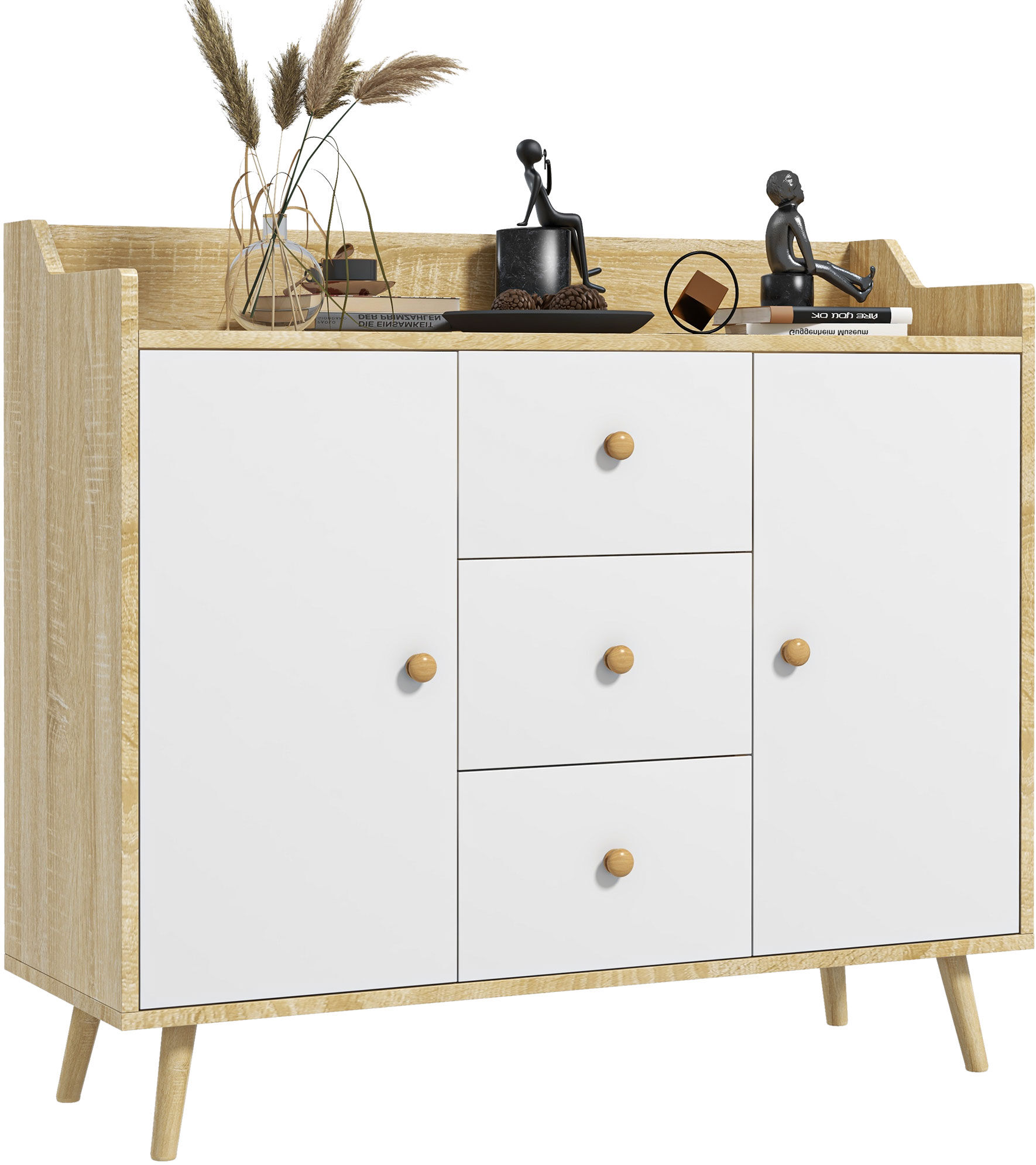 Homcom Credenza Moderna in Truciolato e Legno di Pino con 3 Cassetti e 2 Armadietti a 2 Livelli, 90x32x80A cm