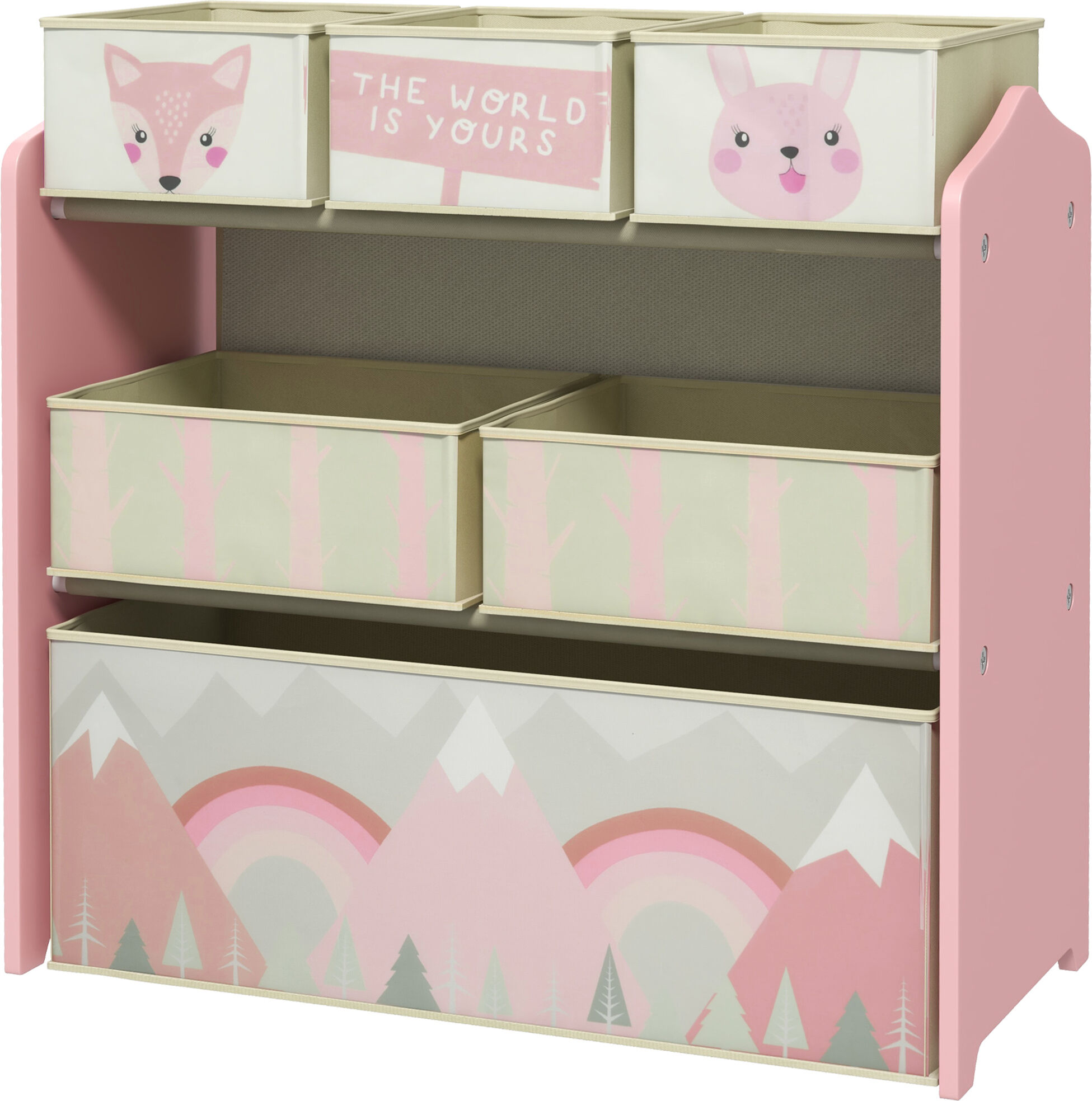 Zonekiz Scaffale Portagiochi per Bambini con 6 Contenitori Rimovibili in Tessuto, 63x30x66cm, Rosa