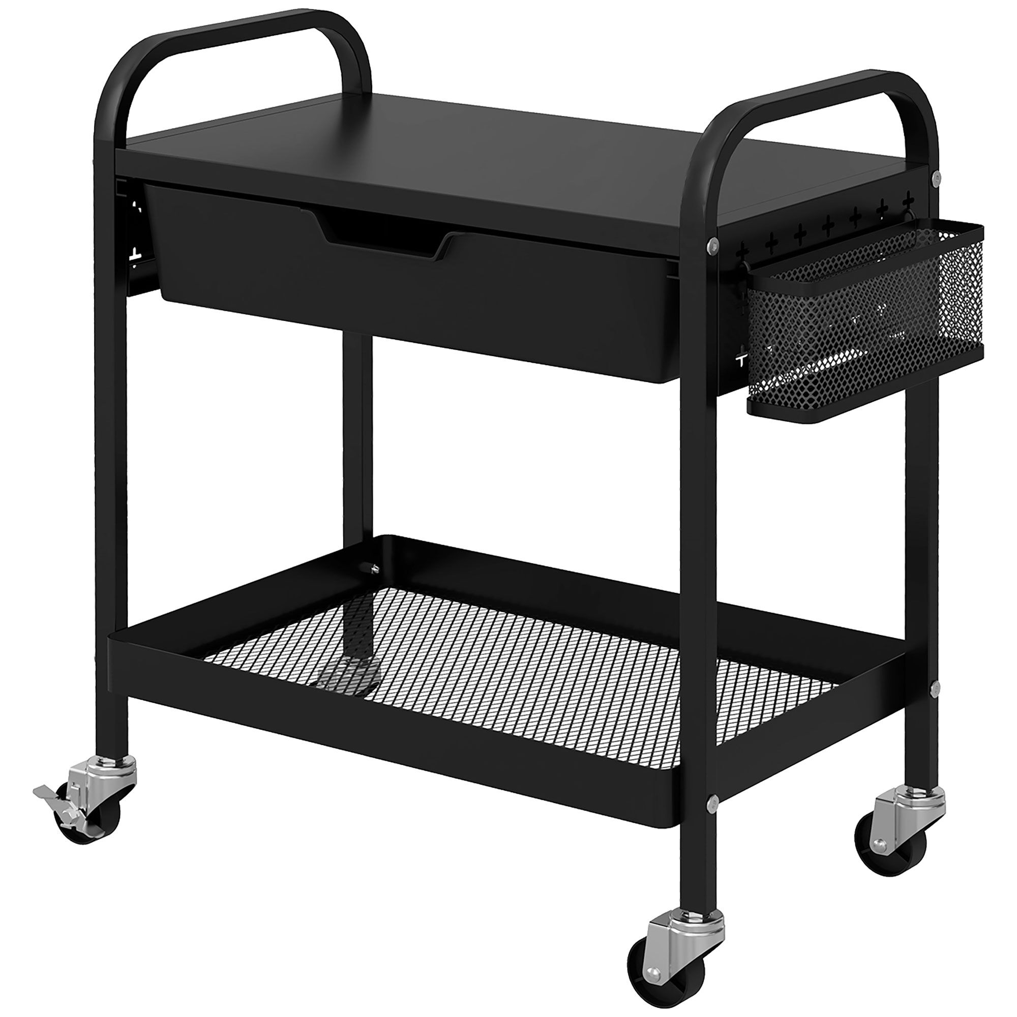 Homcom Carrello da Cucina con Cesto, Cassetto Estraibile e 3 Ganci, in PP e Metallo, 61x32.6x58.5 cm, Nero