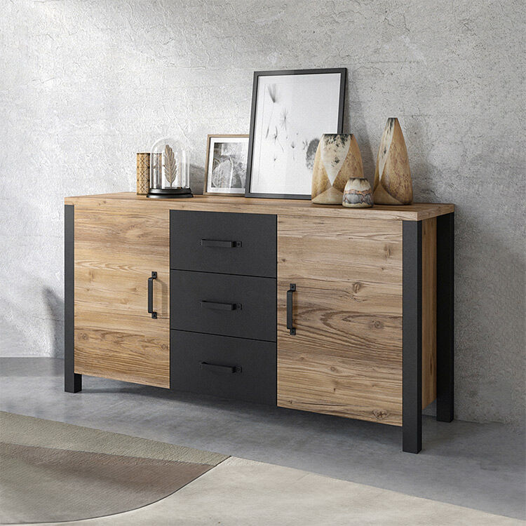 garneroarredamenti Credenza 147x79cm moderna 2 ante 3 cassetti quercia nero opaco Nebraska