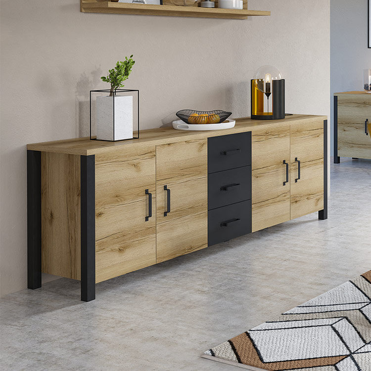 garneroarredamenti Credenza 220x79cm moderna 4 ante rovere nero Nebraska