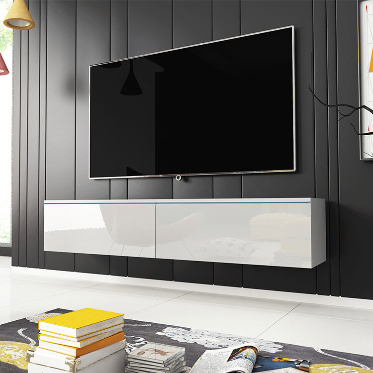 garneroarredamenti Mobile porta tv 140x30cm sospeso soggiorno bianco lucido Silvia