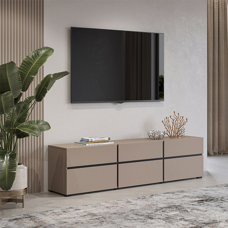 garneroarredamenti Mobile porta tv moderno 180x48cm 3 ante a ribalta 3 cassetti tortora nero Lolla