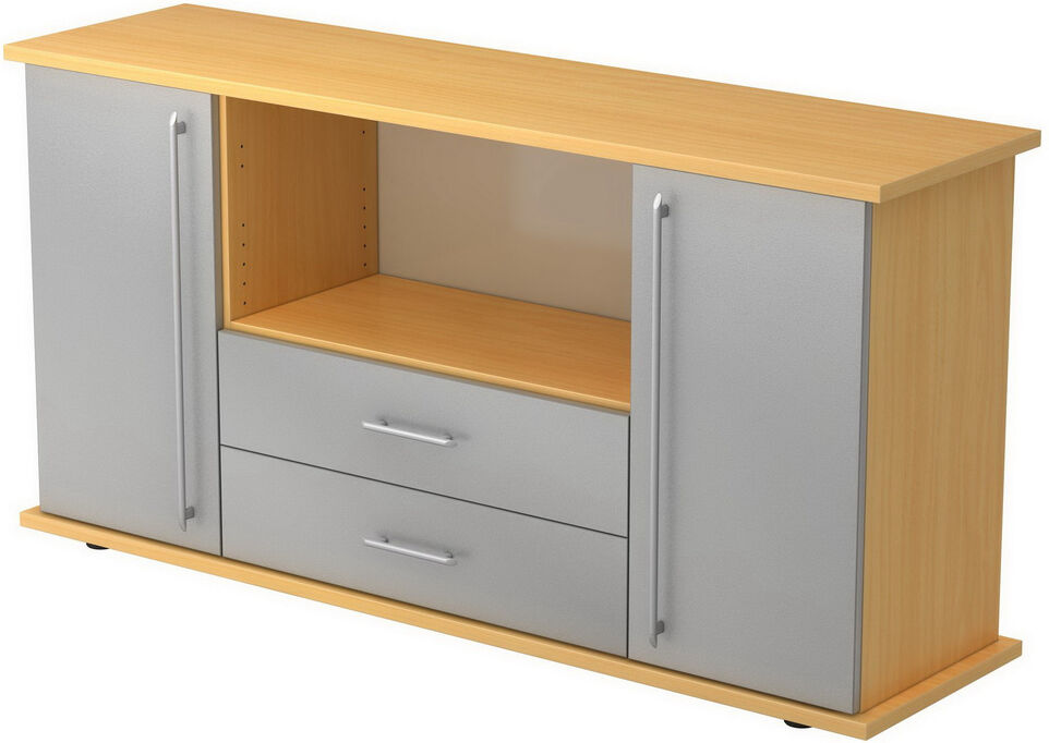 hjh OFFICE PRO KAPA SB   Madia   con ante + cassetti - Faggio/Argento Credenza manico a forma di ringhiera in plastica