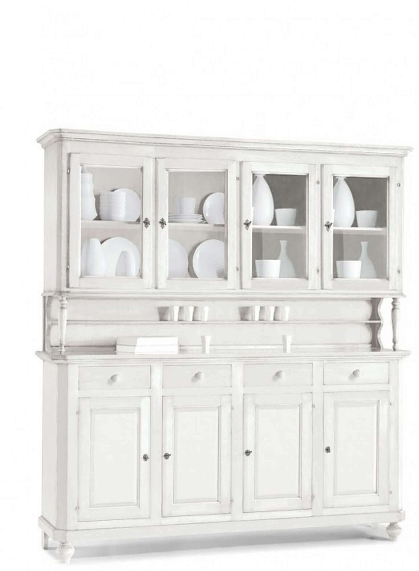 Milani Home Credenza Con Vetrina In Legno Massello 196x43x218 Bianco 196 x 218 x 43 cm