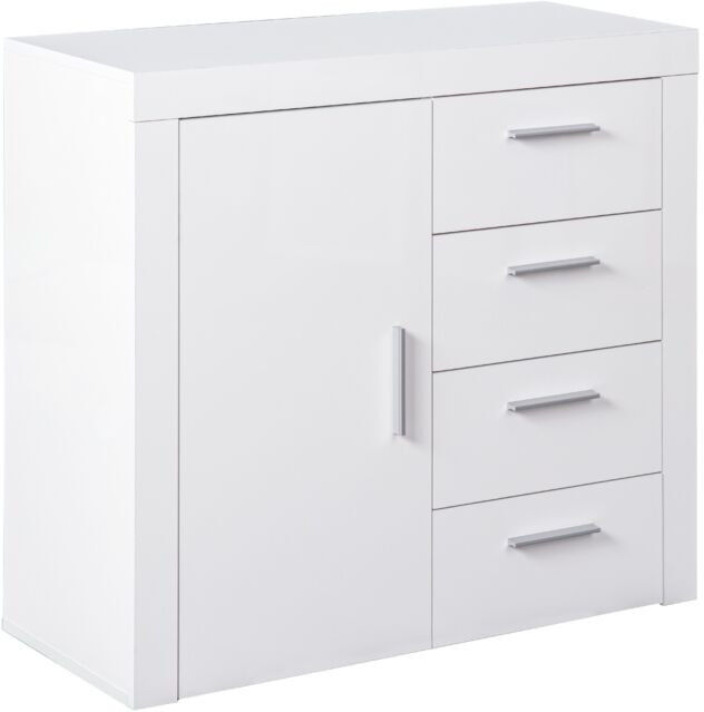 Credenza 1 anta 4 cassetti in laminato bianco lucido