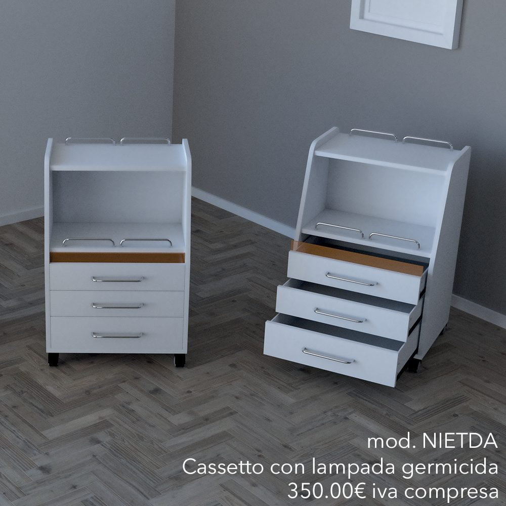 MOBILE CON CASSETTO STERILIZZATORE CARRELLO PER ESTETISTE CENTRI BENESSERE E SPA KEOPALIA WEELKO SPIN NIETDA