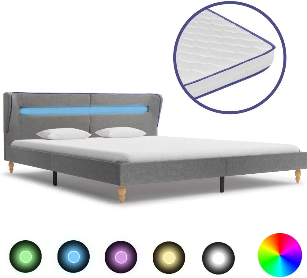 vidaXL Bed met LED en traagschuim matras stof lichtgrijs 180x200 cm