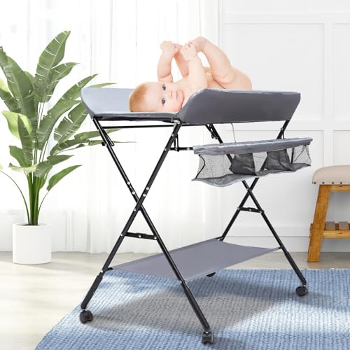 Xigner Baby luiertafel, inklapbaar, mobiele luiertafel, commode met uitneembare scheidingswand, 80 x 63 x 96 cm, uitgerust met antislip wielen (grijs)