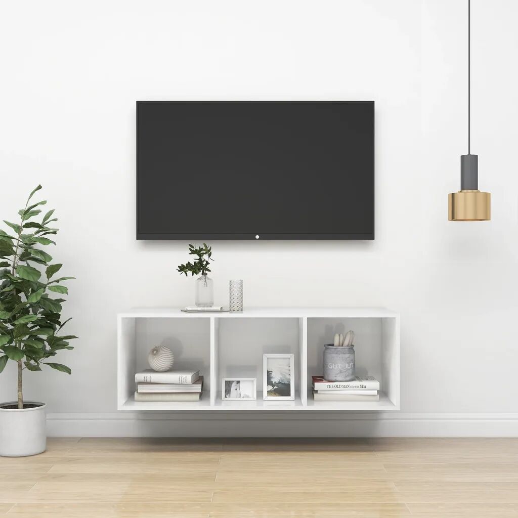vidaXL Vegghengt TV-benk høyglans hvit 37x37x107 cm sponplate