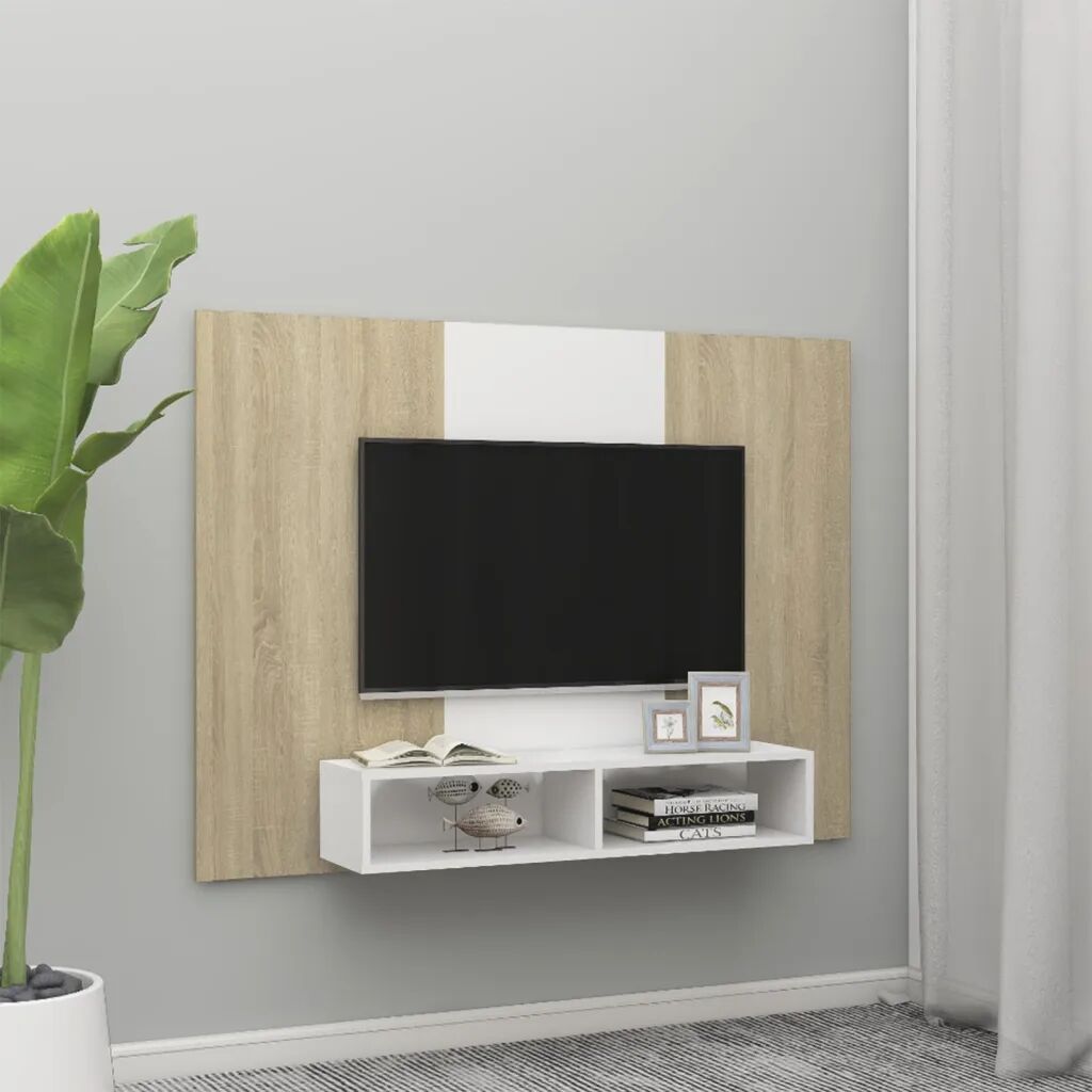 vidaXL Veggmontert TV-benk hvit og sonoma eik 135x23,5x90 cm sponplate