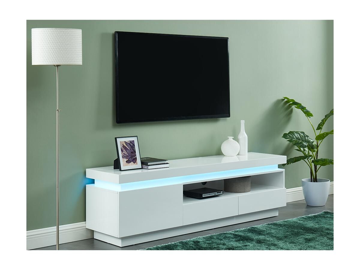 Móvel de TV com 1 porta e 2 gavetas - MDF lacado a branco - LEDs - EMERSON