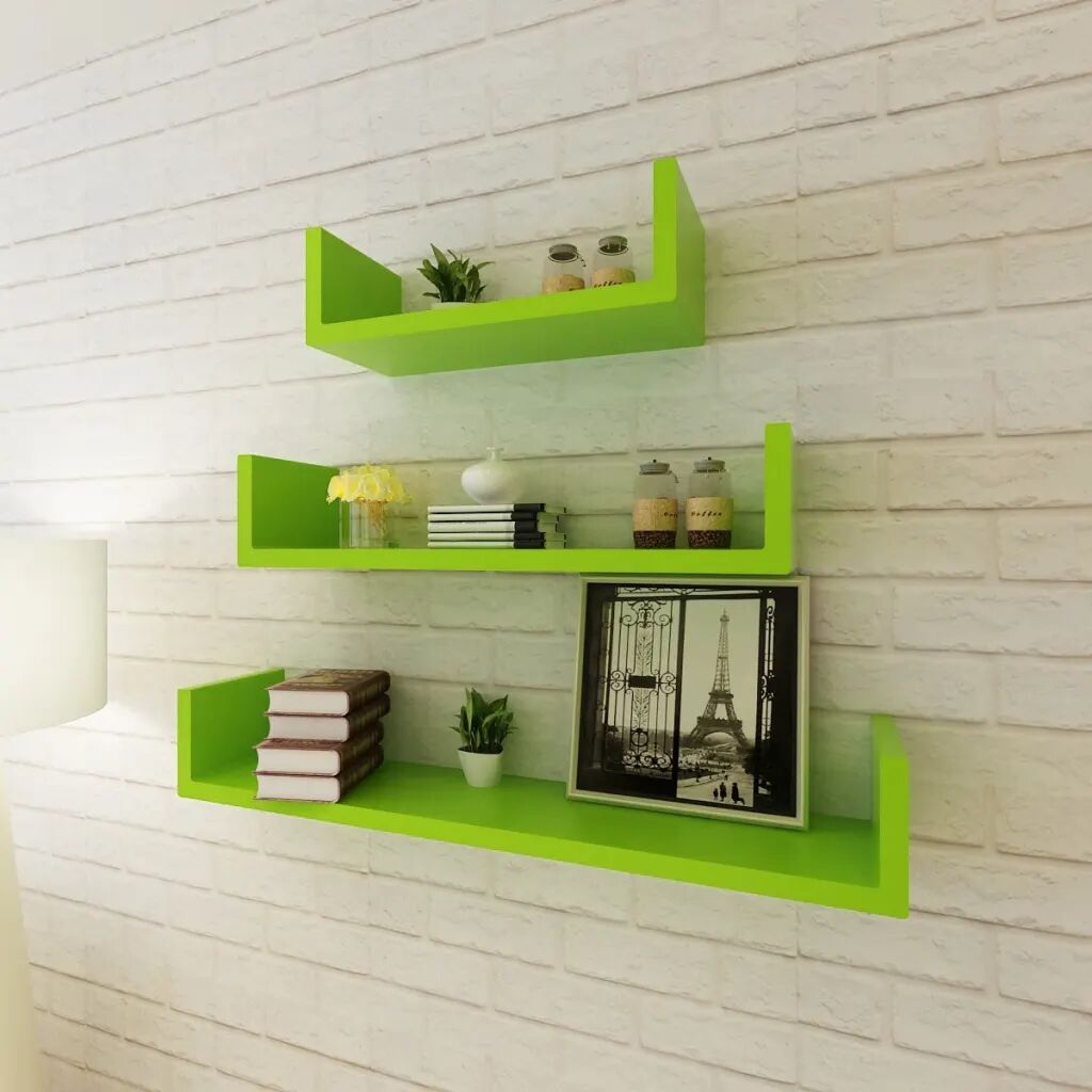 vidaXL Conjunto 3 prateleiras de parede em forma de "U" MDF verde