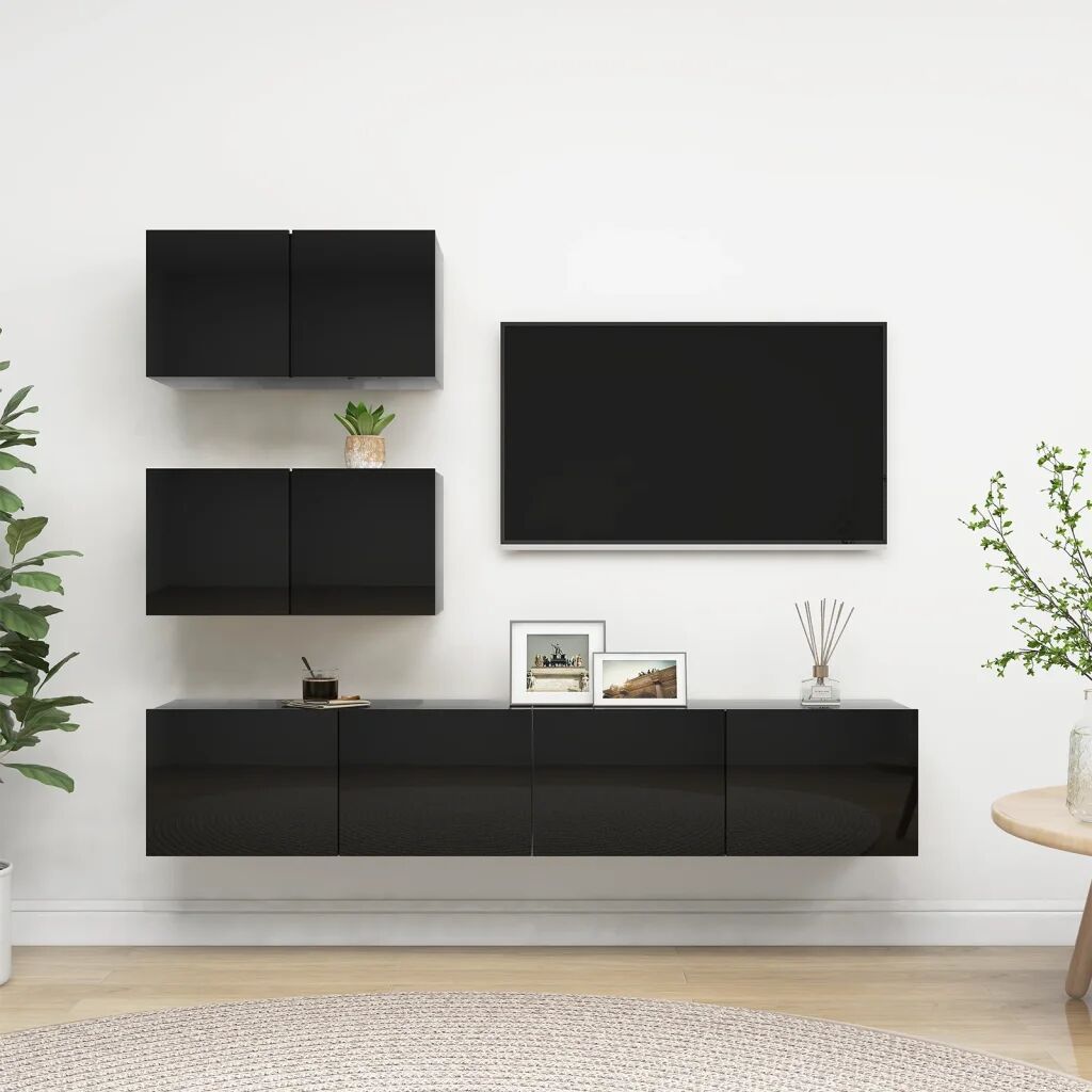 vidaXL 4 pcs conjunto de móveis de TV contraplacado preto brilhante