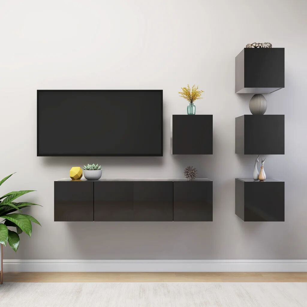 vidaXL 6 pcs conjunto de móveis de TV contraplacado preto brilhante