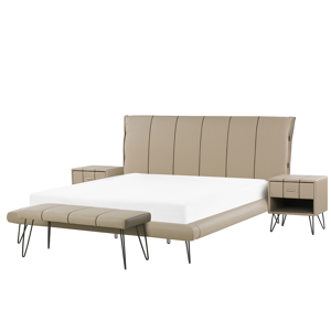 Beliani Sovrumsset Beige Dubbelsäng 180 x 200 cm 2 Sängbord Bänk Konstläder Modern