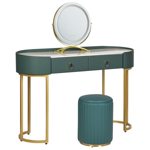 Beliani Dressingbord Grönt och guld MDF 2 lådor LED-spegel Pall Vardagsrumsmöbler Glam Design