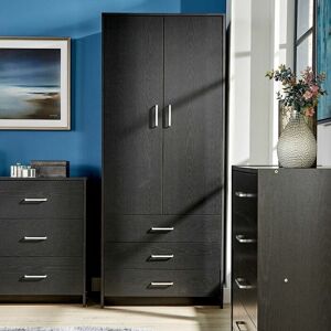 STRATFORD Black Wardrobe 2 Door 3 Drawer with Hanging Rail and Storage Shelf Bedroom Unit - Black