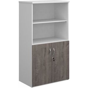 Duo combination unit with open top 1440mm high with 3 shelves - white with grey oak lower doors