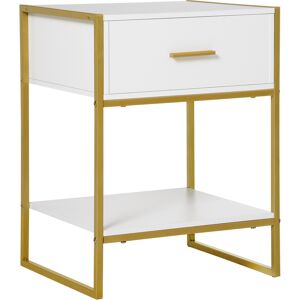 HOMCOM Contemporary Bedside Cabinet with Drawer and Shelf, Chic Storage Organiser for Bedroom or Living Room, White and Gold