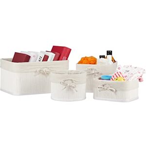 Relaxdays Storage Basket Set of 4, Bamboo and Fabric Lining, Shelves Organiser in Different Shapes, White, Various Sizes