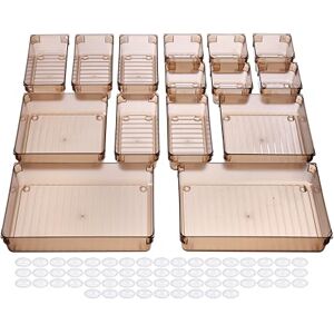 ZIPNOC Set of 15 Large Desk Drawer Organiser Dividers with 60 Silicon Pads - Plastic Trays, 4 Sizes to Organise Your Makeup, Vanity, Dressing table, Bedroom, Bathroom & Office (brown).