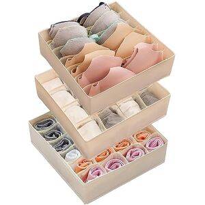 Retoteng Bra Socks Underwear Organizer 3 Pack 47 Cells, Foldable Closet Organizer Drawer Soft Fabric Dresser Drawer Divider Bins for Bra Underwear Socks Ties Lingerie (Beige)