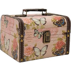 Alaaner Treasure Chest Box Pink Butterfly Pattern Exquisite Retro Wooden PU Leather Storage Box for Girl Women