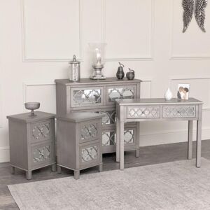 Melody Maison Large Silver Mirrored Chest Of Drawers, Console / Dressing Table & Pair Of Bedside Tables - Sabrina Silver Range