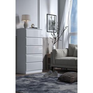 FWStyle 5 Drawer High Gloss White Tall Chest Of Drawers - Stora