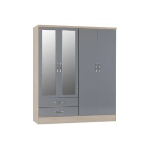 Seconique Nevada Grey Gloss and Oak 4 Door 2 Drawer Mirrored Wardrobe