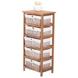 Homcom 5 Drawer Dresser Wicker Basket Storage Shelf Unit Wooden Frame Home Organisation Cabinet Bedroom Office Furniture Natural Finish 90x40cm