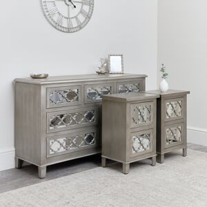 7 Drawer Chest of Drawers & Pair of 2 Drawer Bedsides - Sabrina Silver Range Material: Wood, Glass, Metal