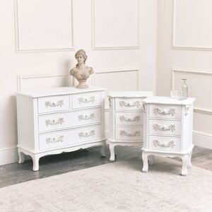 Antique White 4 Drawer Chest of Drawer & Pair of 3 Drawer Bedside Tables - Pays Blanc Range Material: Wood