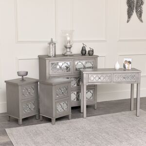 Large Silver Mirrored Lattice Chest of Drawers, Console / Dressing Table & Pair of Bedside Tables - Sabrina Silver Range Material: Wood, Glass, Metal