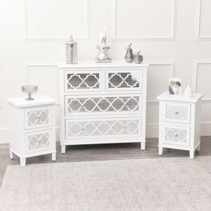 Large White Mirrored Chest of Drawers & Pair of Bedside Tables - Sabrina White Range Material: Wood, Glass, Metal