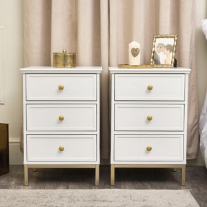 Pair of Three Drawer Bedside Tables - Aisby White Range Material: Manufactured Wood, Metal