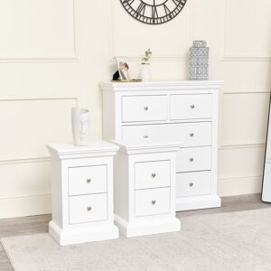 White 5 Drawer Chest of Drawers & Pair of 2 Drawer Bedside Tables - Slimline Haxey White Range Material: Wood, Metal