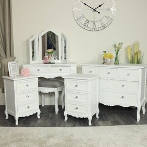 White Bedroom Furniture Large Chest of Drawers, Dressing Table Set & Pair of Bedside Tables - Victoria Range Material: Wood / Glass / Fabric