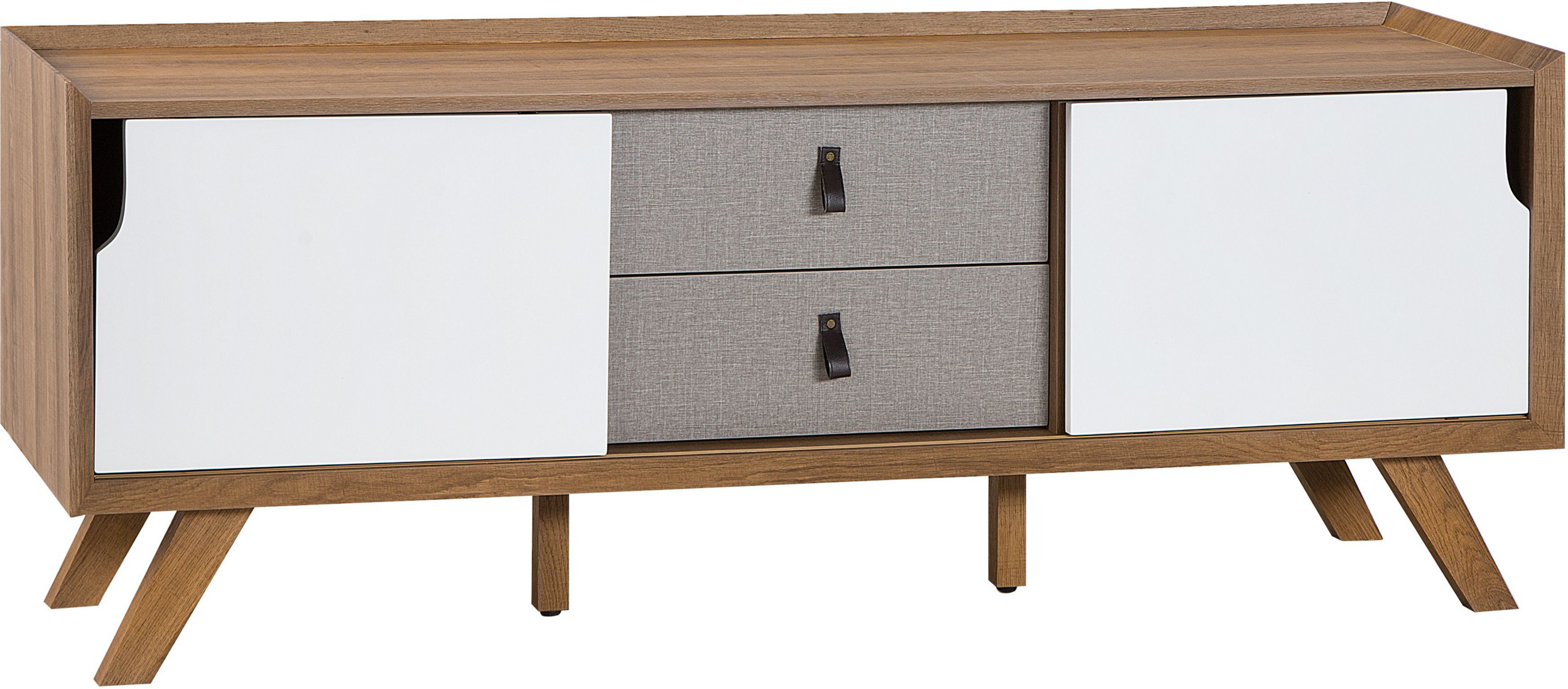 Beliani Sideboard Light Wood Veneer 56 x 147 x 42 cm with 2 White Sliding Doors and 2 Grey Drawers Material:MDF Size:42x56x147