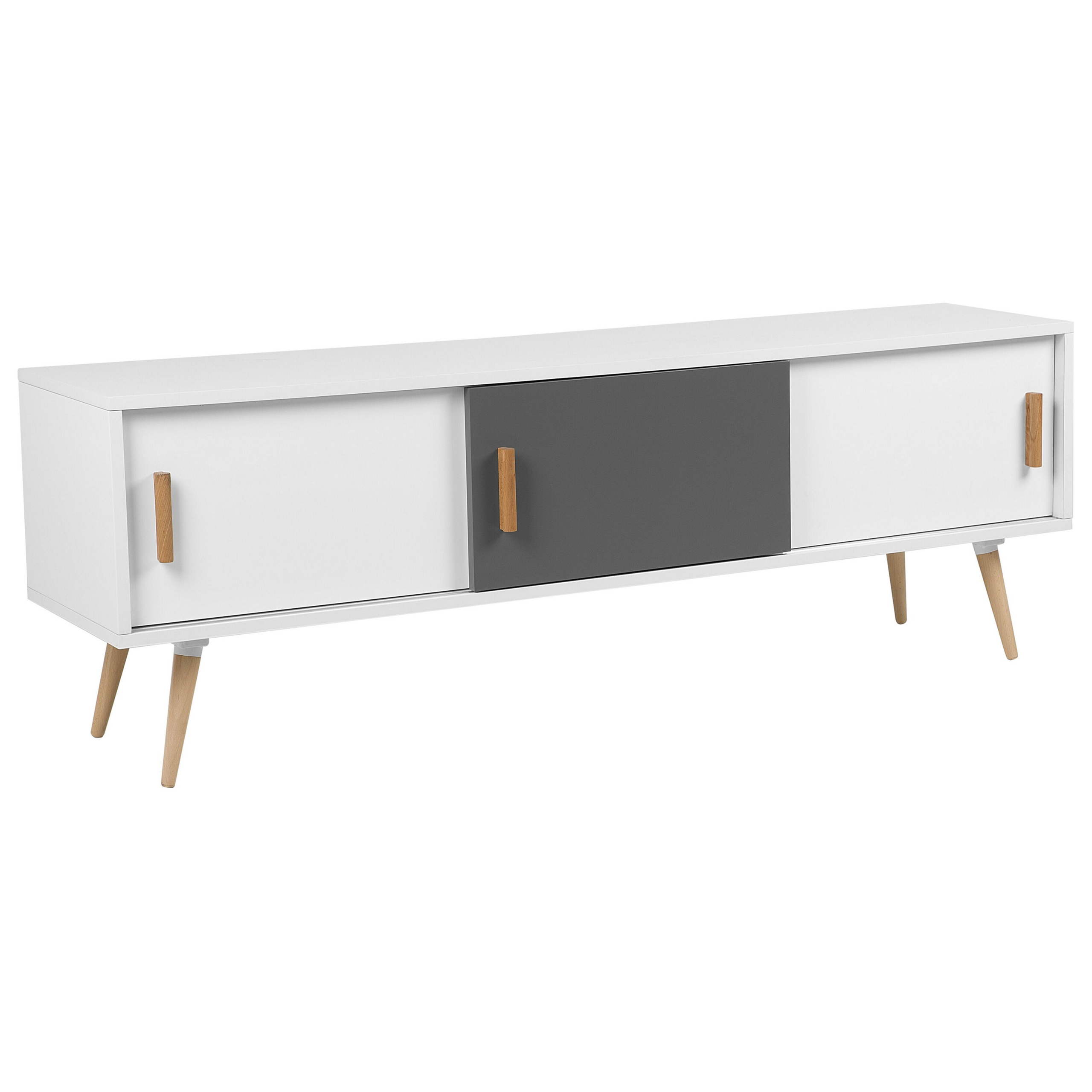 Beliani Sideboard White and Grey with Wooden Legs 3 Sliding Doors Material:MDF Size:40x55x160