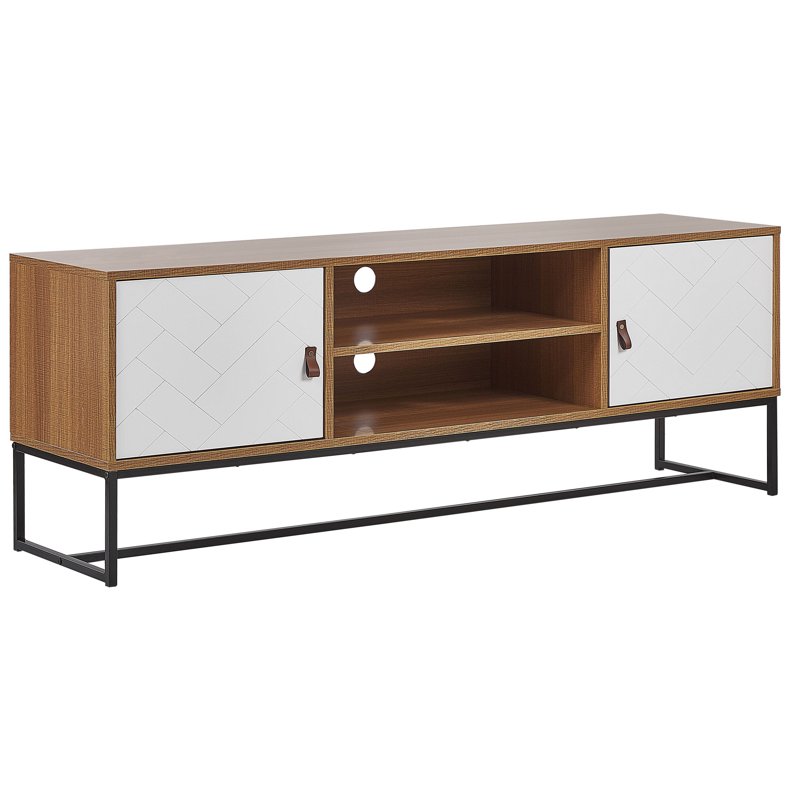 Beliani TV Stand Light Wood with White Metal Legs Rectangular For up to 75ʺ TV Media Unit with Shelves Doors Cable Management Living Room Furniture