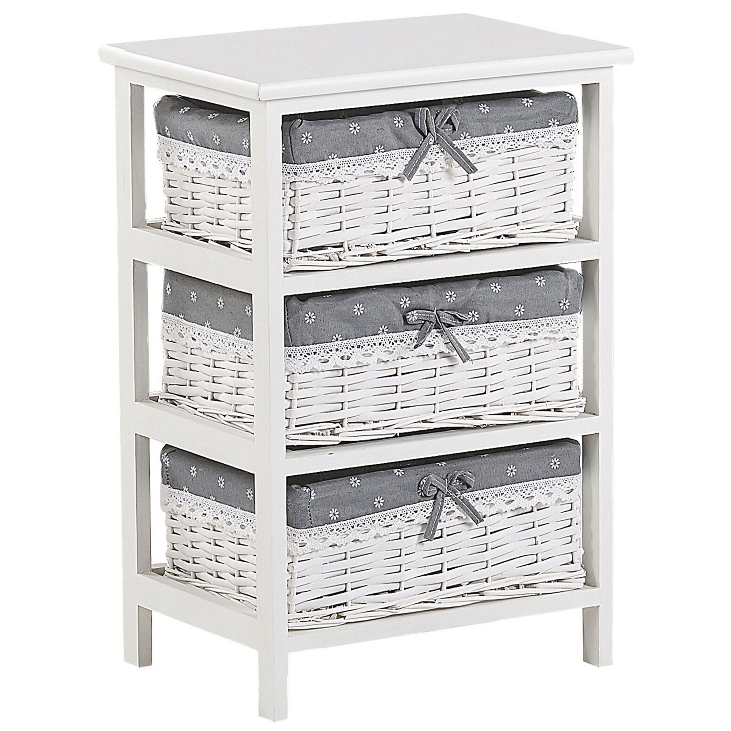 Beliani Storage Unit White Wood MDF 58 x 40 cm 3 Wicker Baskets with Grey Fabric Lining Bedside Table Children's Room Furniture